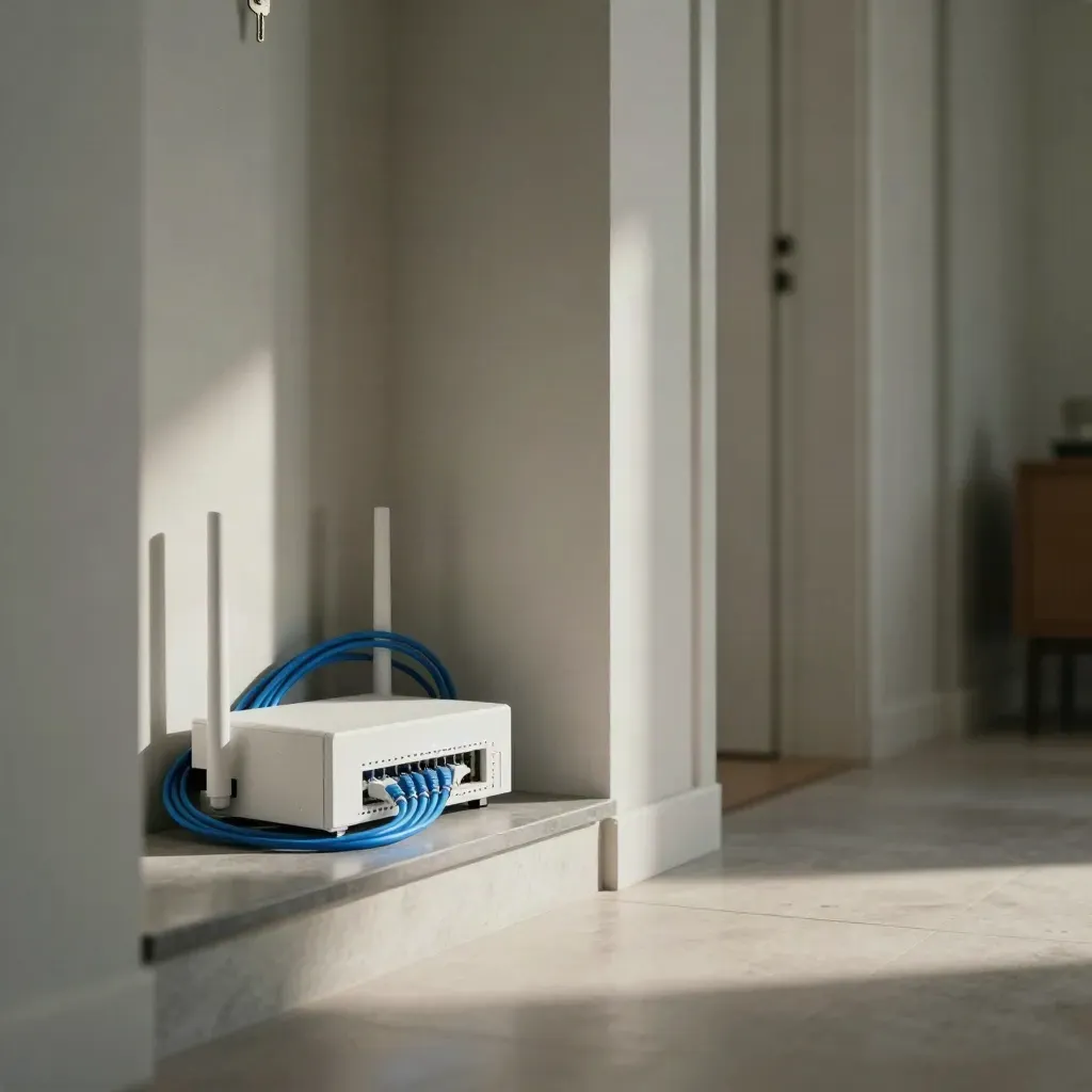 Router und Glasfaseranschluss im Hauswirtschaftsnischenlicht, morgens nach Regen, blau leuchtend.