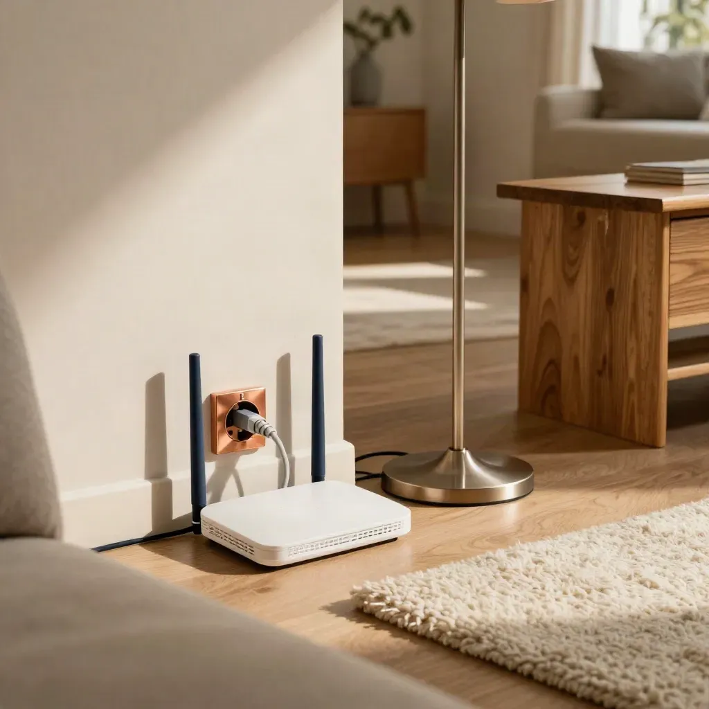 DSL-Modem, Kupferanschluss und Stehlampe in einer warmen Wohnzimmer-Ecke.