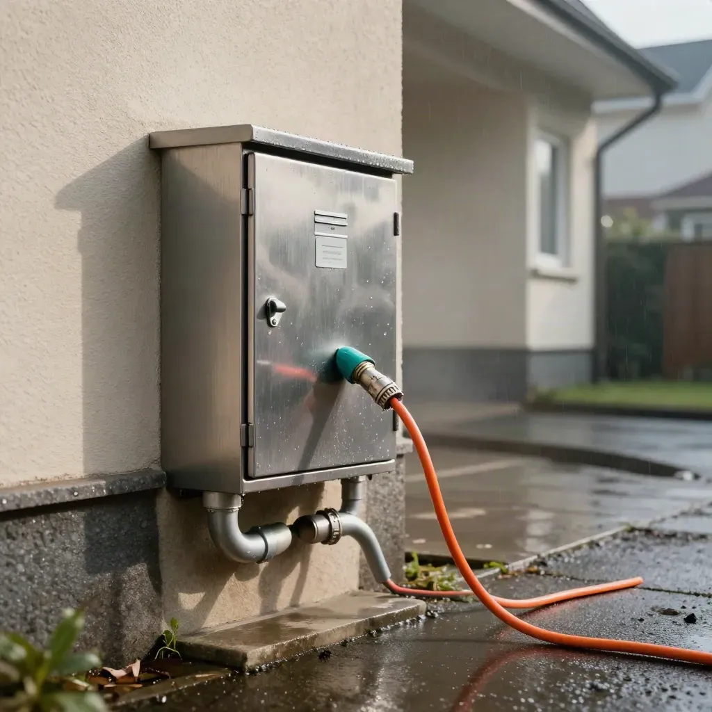 Straßenkasten, Hausanschluss und Kabelschleife bei einem Verfügbarkeitscheck im Nieselregen.
