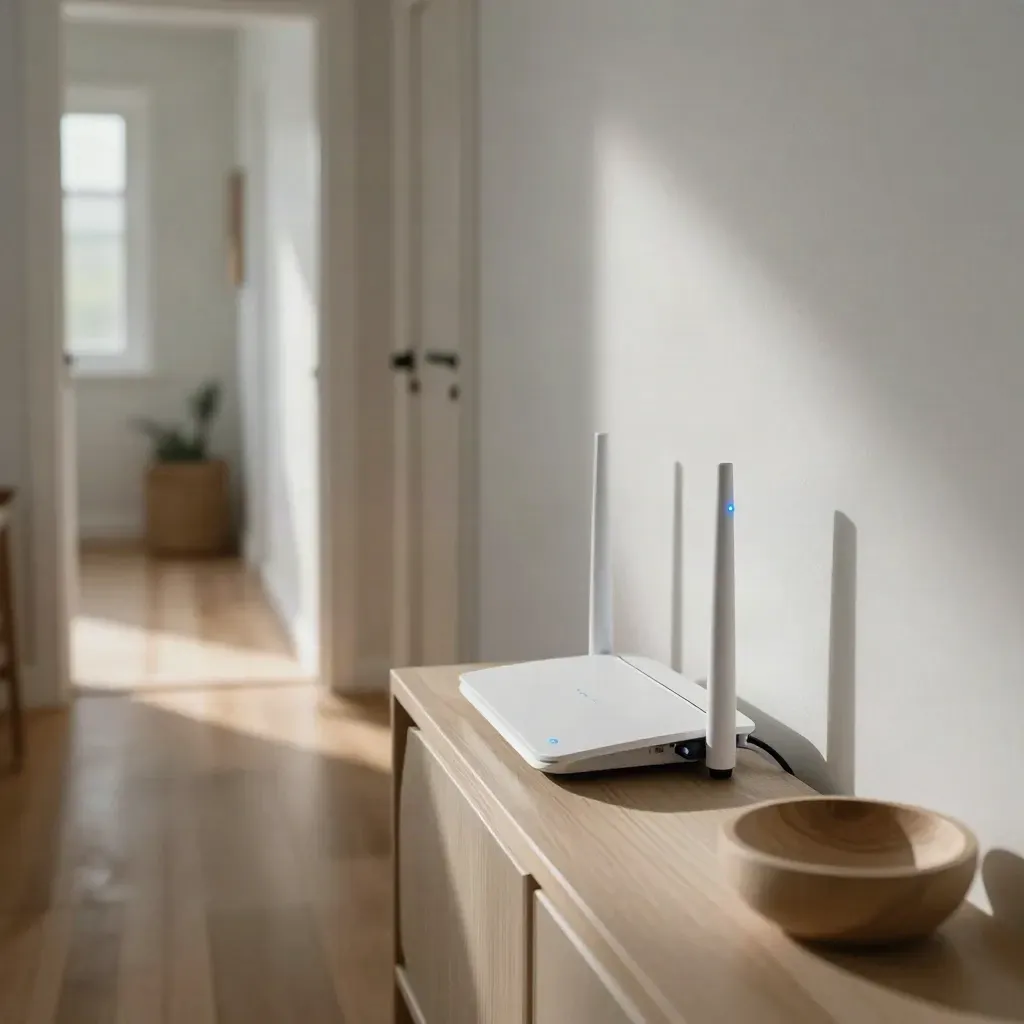 Glasfaserterminal und weißer Router im hellen Apartmentflur mit blau leuchtenden LEDs