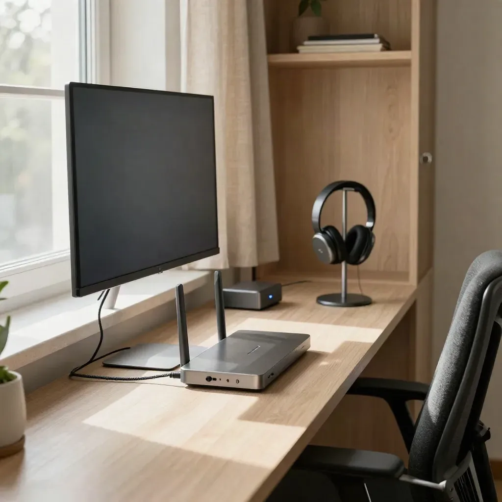 Homeoffice-Nische mit Monitor, Dock, Headset-Ständer und Router neben hellem Fenster.
