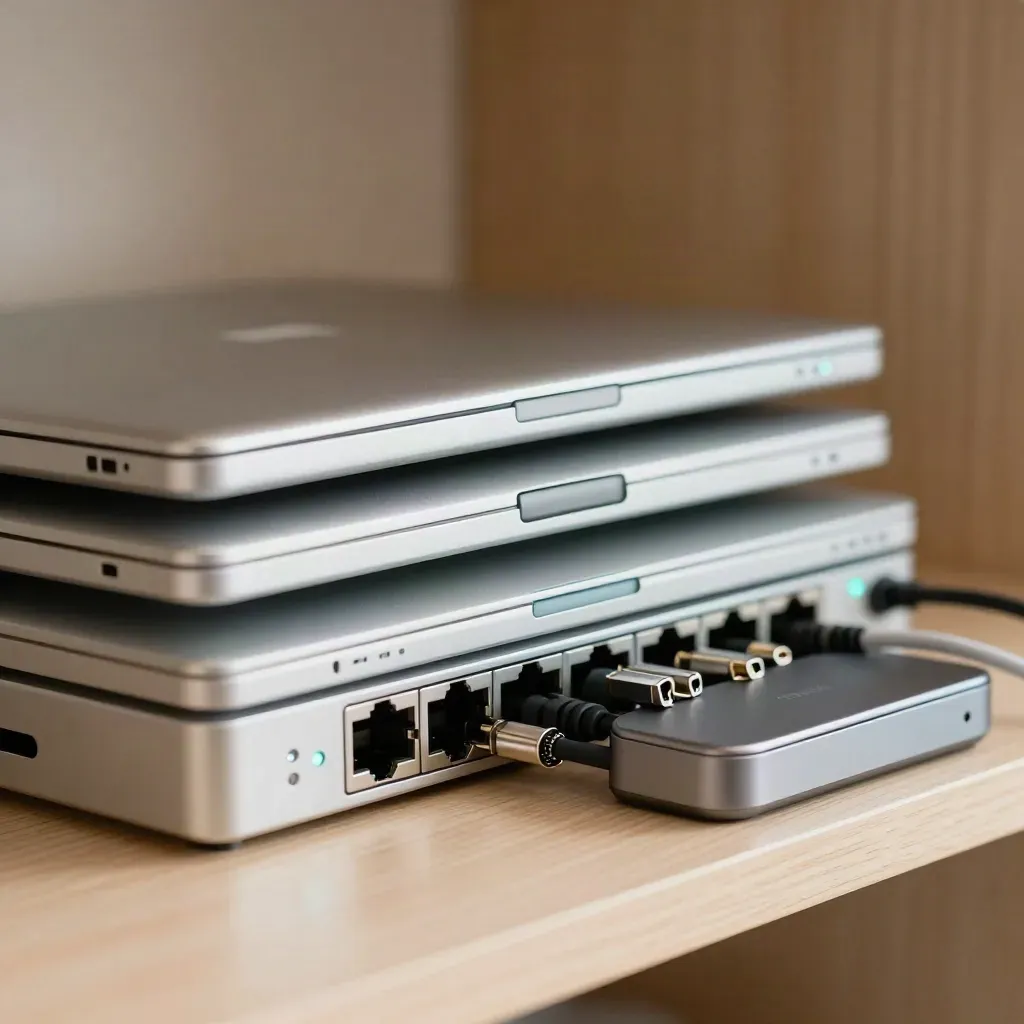 Büro-Netzwerkregal mit drei Laptops, Switch und Telefonanlage im Betrieb