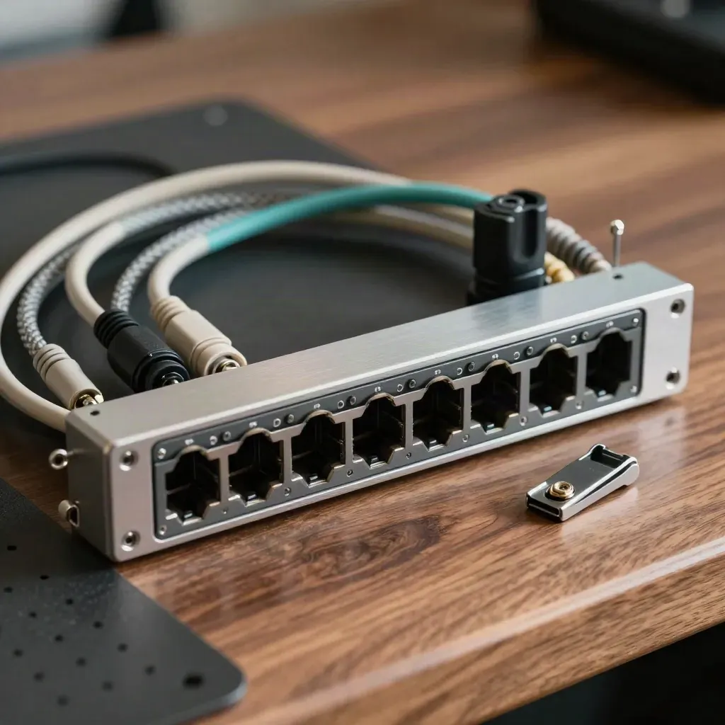 Rack-Mount-Switch, Patchkabel und Kabelhüllen im dramatischen Licht auf dunkler Werkbank.