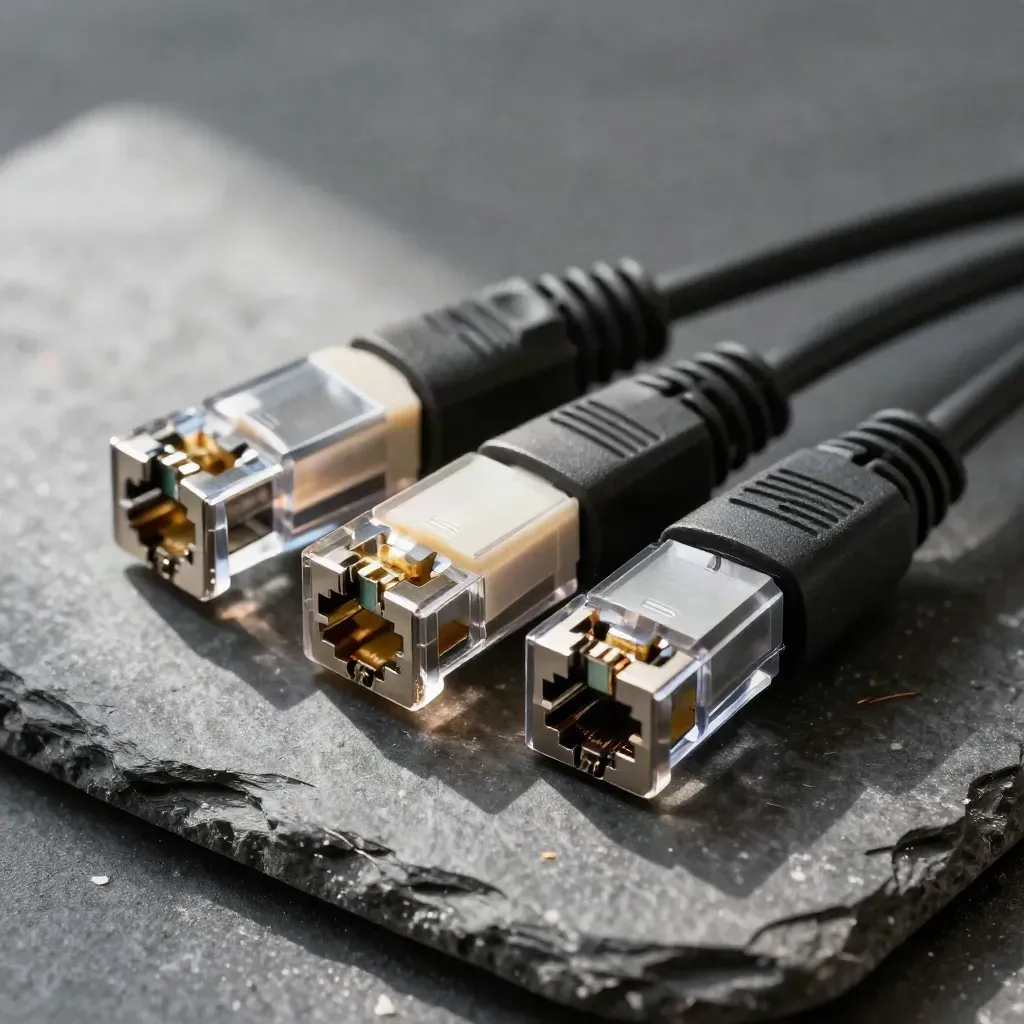 RJ45-Stecker und Adapter auf dunklem Stein, von oben inszeniert.
