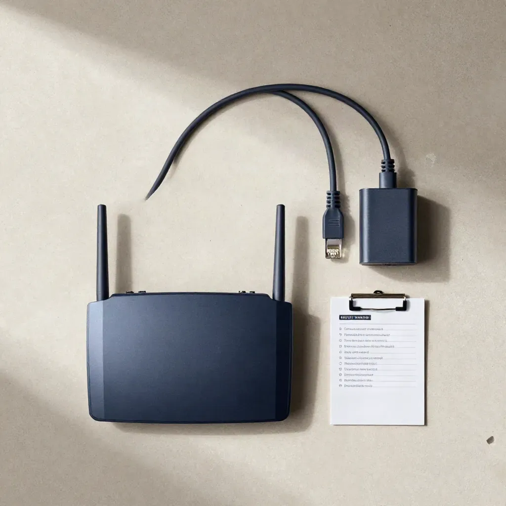Router, Ethernetkabel, Netzteil und Karte auf hellem Beton, sauber von oben arrangiert.