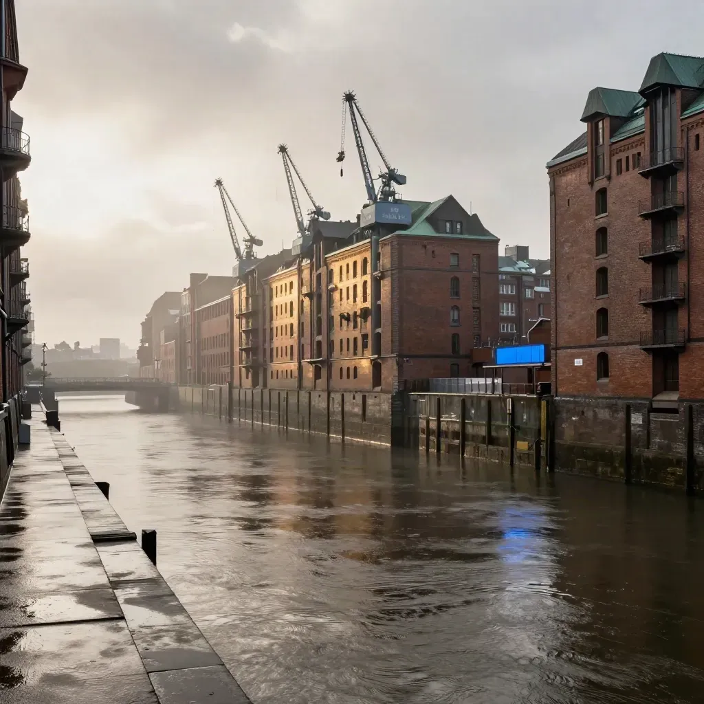 Hamburger Hafen mit Kränen, Speicherstadt und glitzerndem Kanal im goldenen Abendlicht