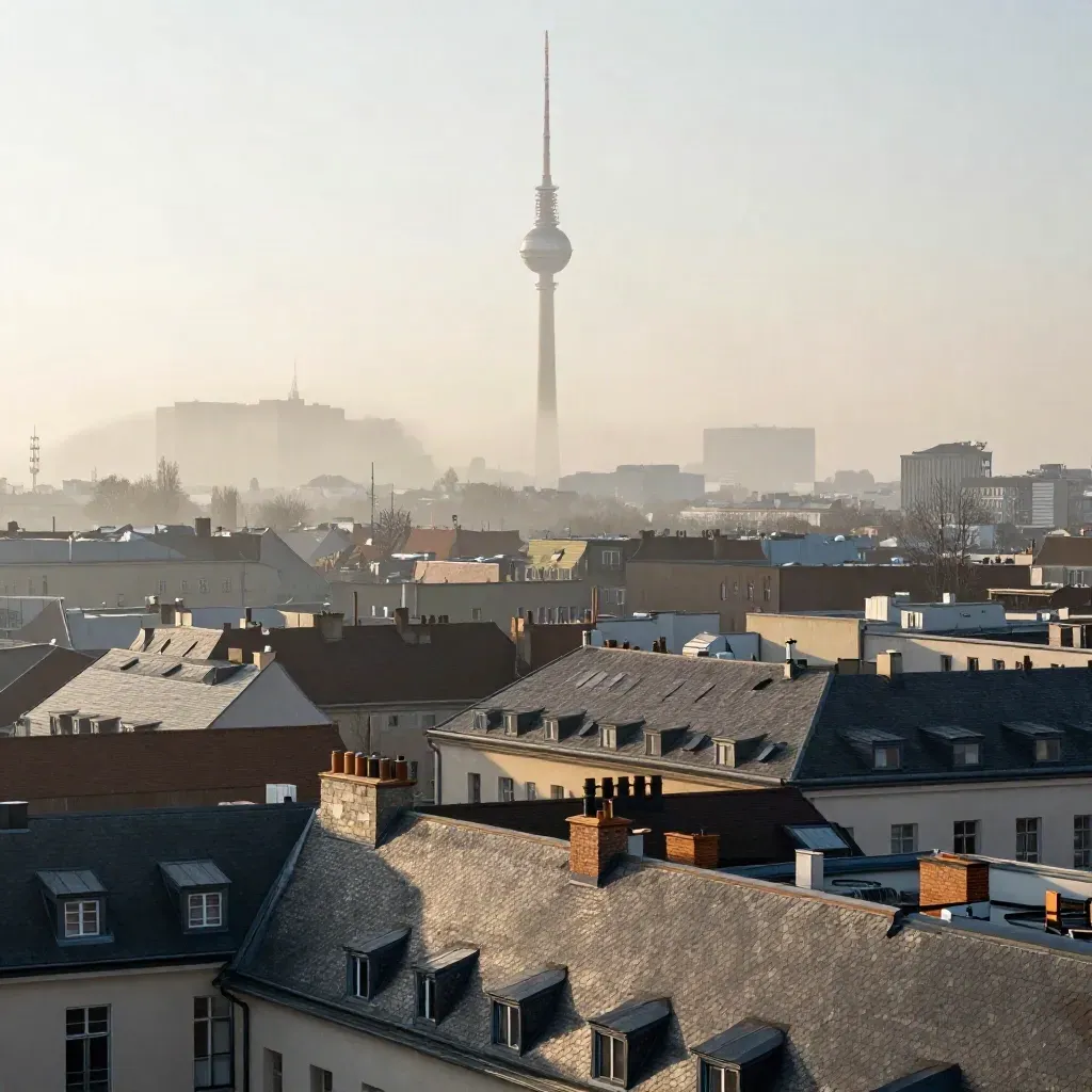 Berliner Dächer im Morgennebel mit dem Fernsehturm hoch im Bild