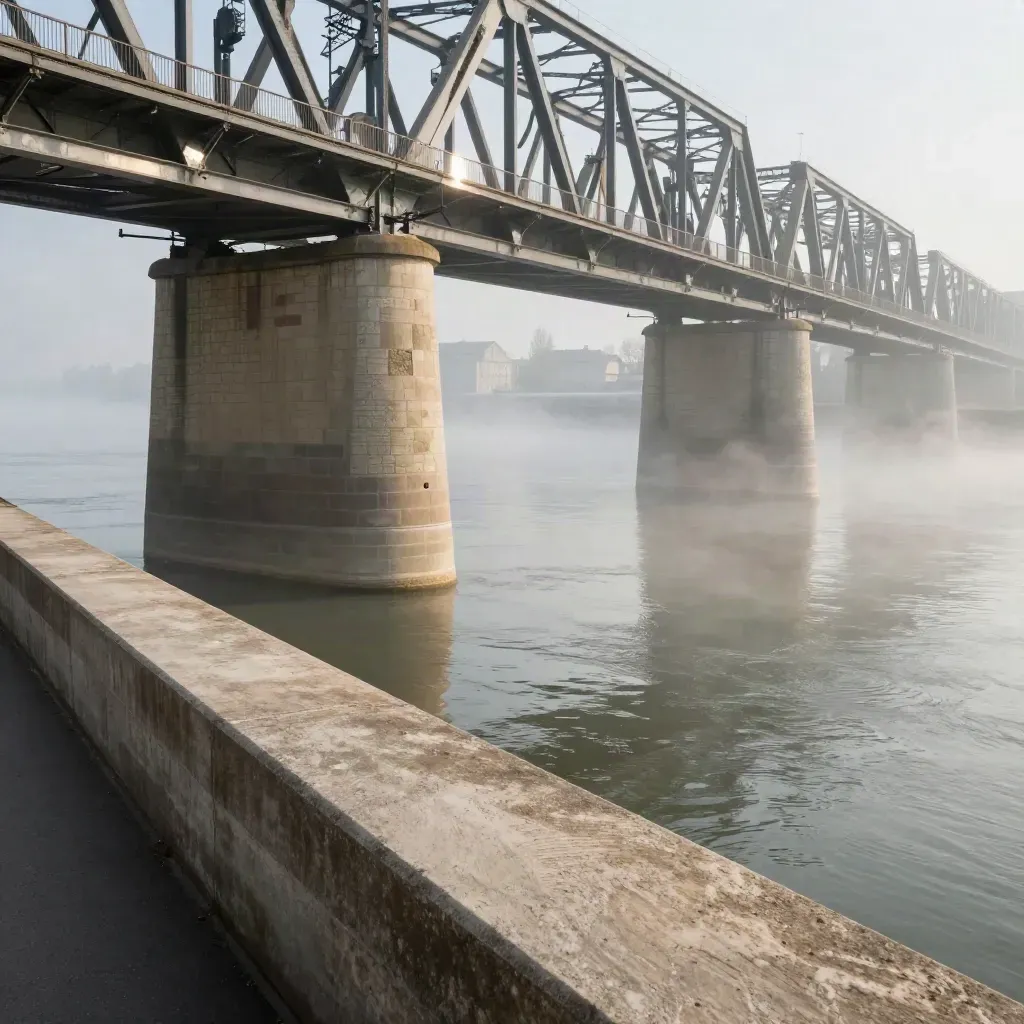 Rhein-Ruhr: Industriebrücke über nebligem Fluss, unten viel ruhige Fläche