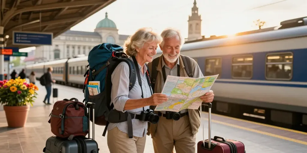 Zugtickets für Senioren - Ein glückliches Seniorenpaar mit Rucksäcken am Bahnhof, bereit für die Reise.