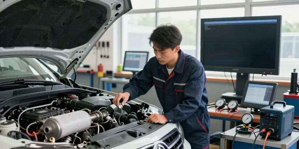 Techniker überprüft die DPF-Regeneration in einer professionellen Werkstatt