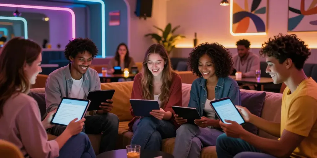 Diverse individuals engaging in lively porn chat conversations in a trendy lounge.